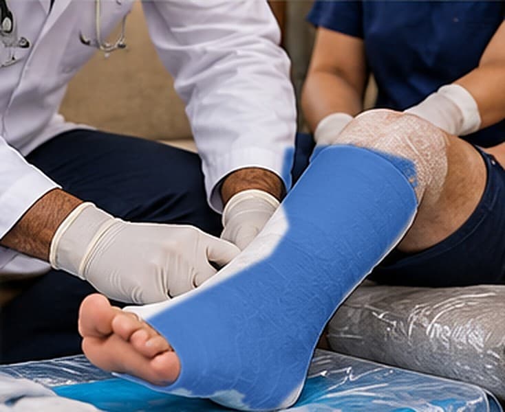 Close-up of a blue fibre cast supporting a leg during fracture recovery in Delhi NCR