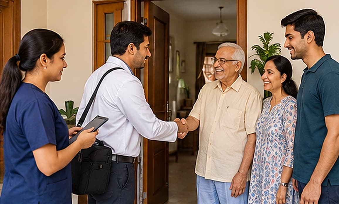 Fibre cast and ortho home service team being welcomed by an elderly patient and his family at home